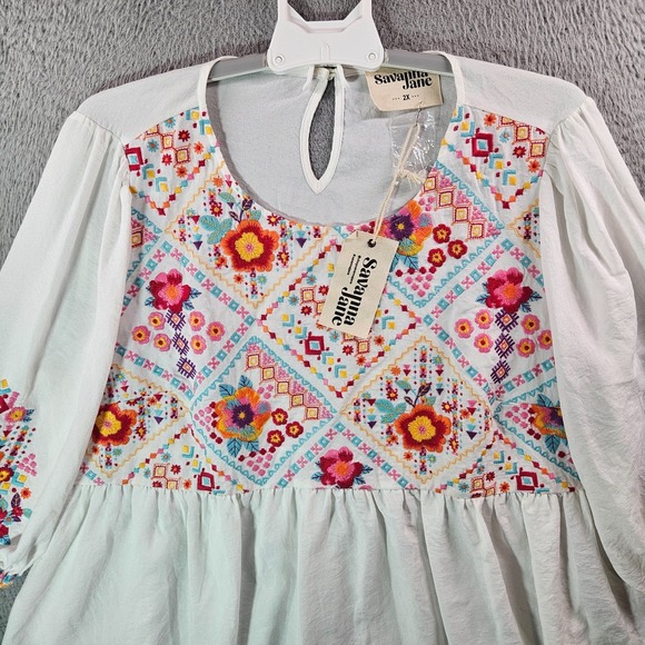 NEW Savanna Jane Top Blouse Women 2X Colorful Embroidered White - Picture 2 of 9